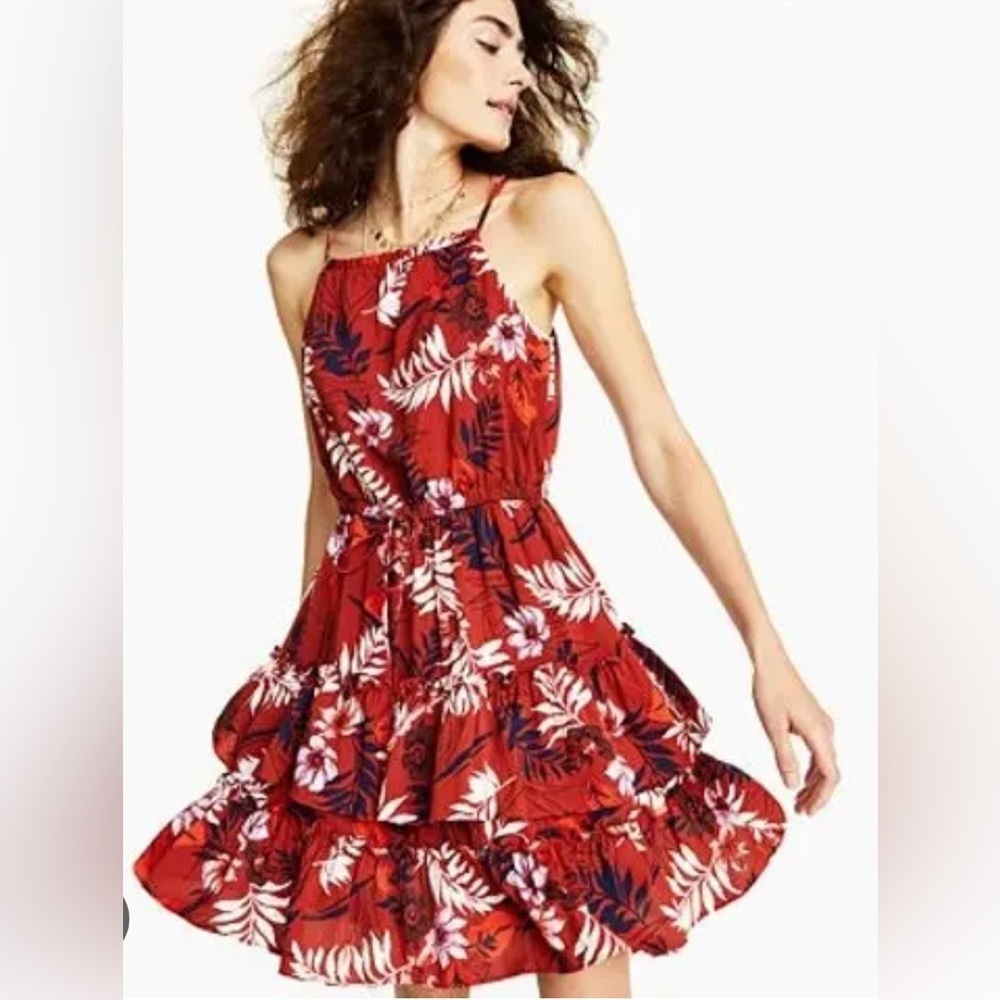 Bar III Red and White Pleated Halter Sundress